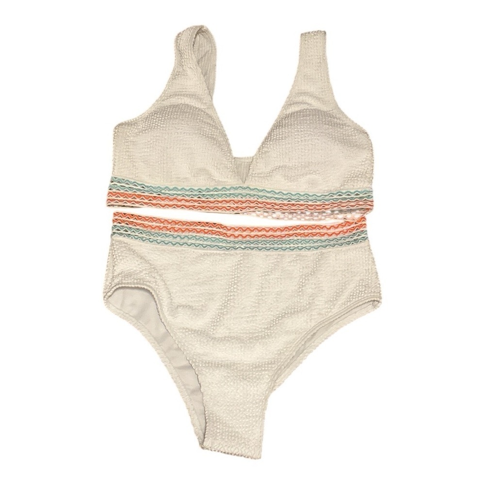 White Bikini One-Piece Swimsuit with a turquoise and orange stripes size large - Picture 1 of 3